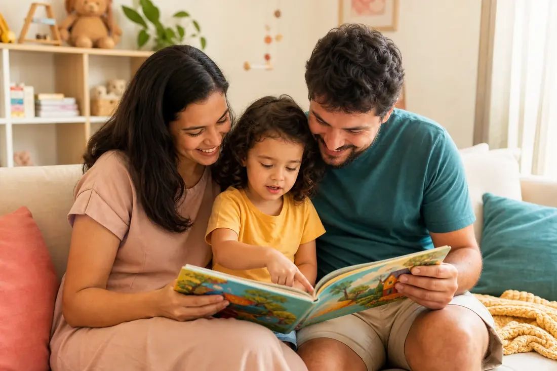 Mãe, pai e filho lendo juntos