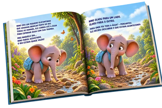 Livro aberto com páginas internas da história de Nino